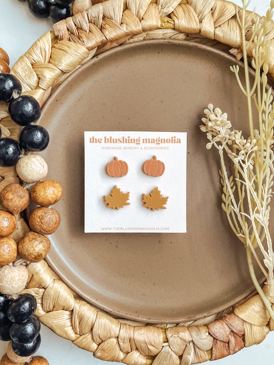 Orange Pumpkins + Mustard Leaves Stud Earrings