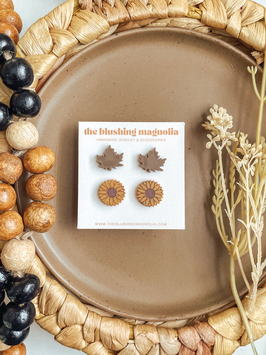 Brown Leaves + Sunflower Stud Earrings