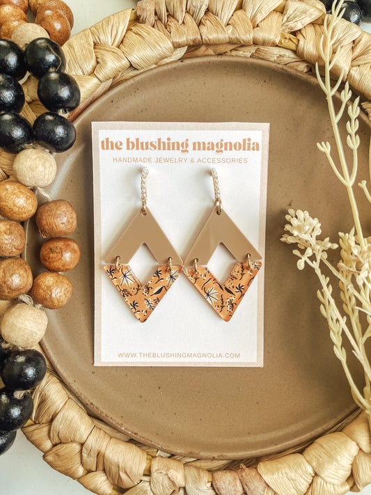 Tan + Mustard Floral Print Diamond Pearl Dangle Earrings