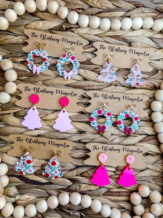 Pink Christmas Dangle Earrings