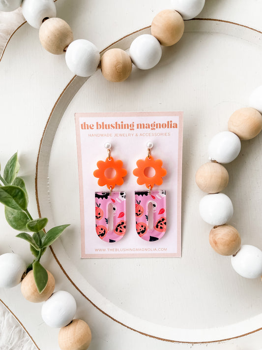 Orange Flower Halloween Dangle Earrings