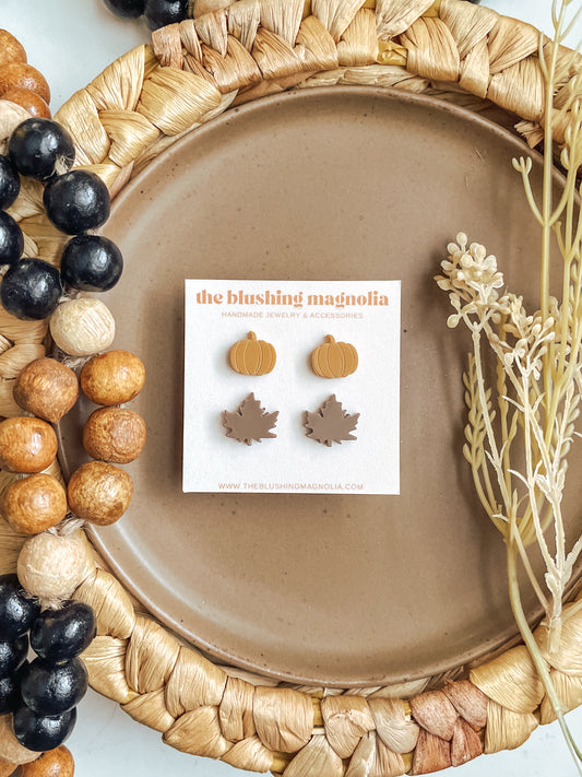 Mustard Pumpkins + Brown Leaves Stud Earrings