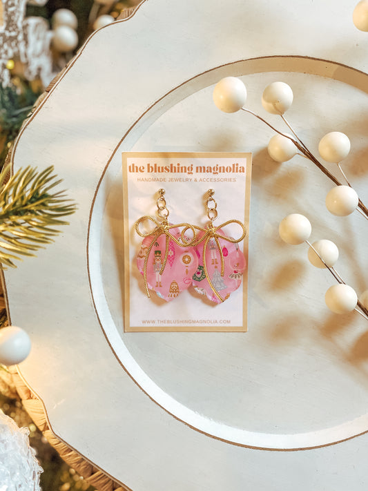 Pink + Gold Nutcracker Print Dangle Earrings