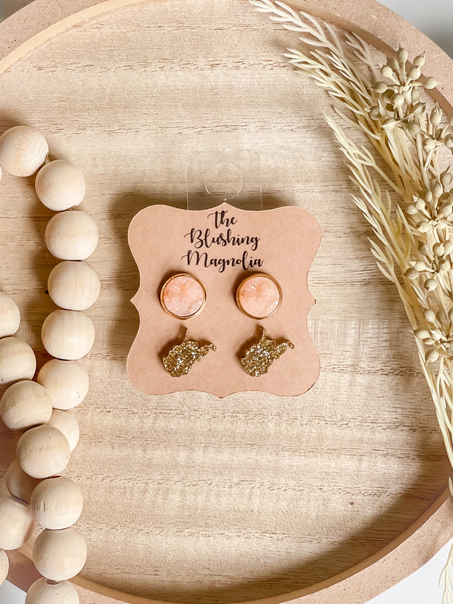 Gold Glitter WV + Pale Pink Druzy Studs