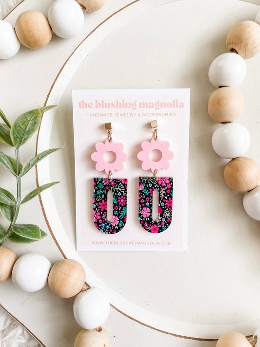 Blue + Pink Floral Dangle Earrings