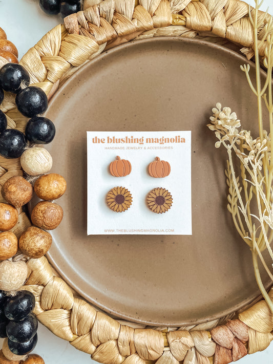 Orange Pumpkins + Sunflower Stud Earrings