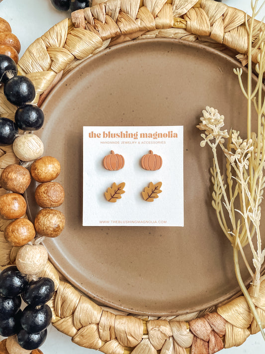 Orange Pumpkins + Mustard Leaves Stud Earrings