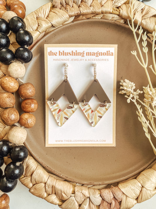 Brown + Leaf Print Diamond Pearl Dangle Earrings