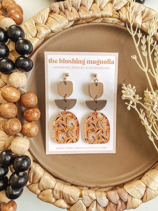 Tan + Mustard Floral Dangle Earrings