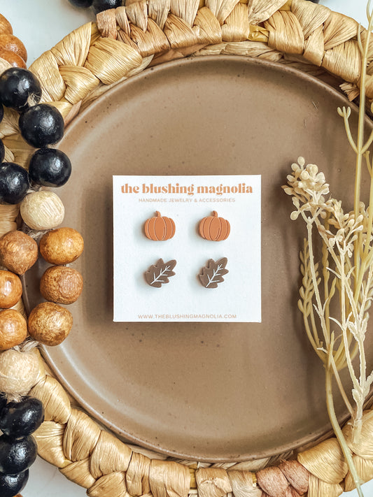 Orange Pumpkins + Brown Leaves Stud Earrings
