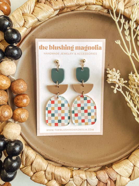 Green + Tan Fall Checkered Dangle Earrings