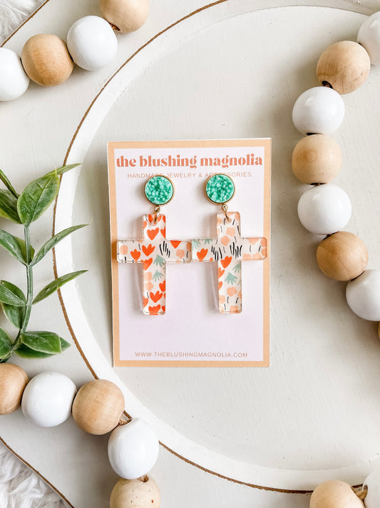 Floral Cross Dangle Earrings
