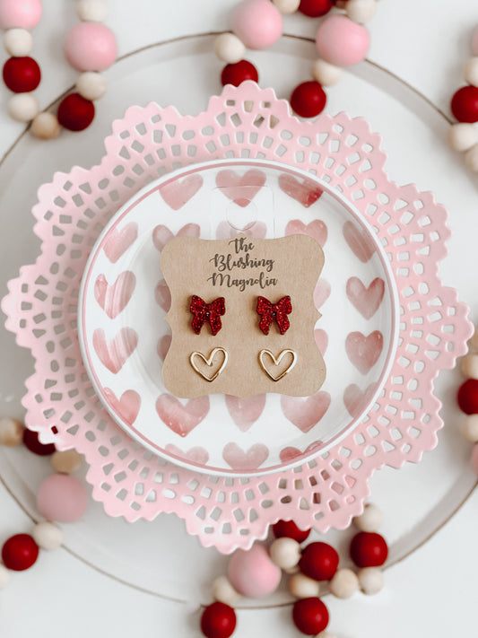 Red Glitter Bows + Gold Metal Heart Stud Earrings