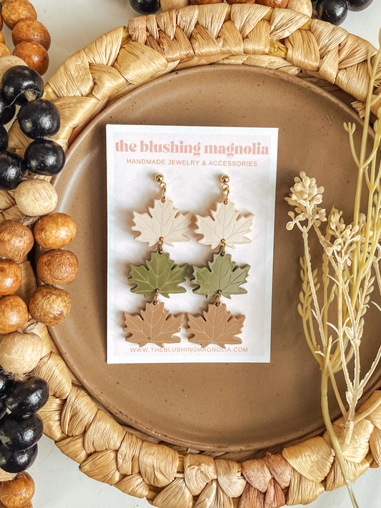 Cream, Olive + Beige Leaves - Dangle Earrings