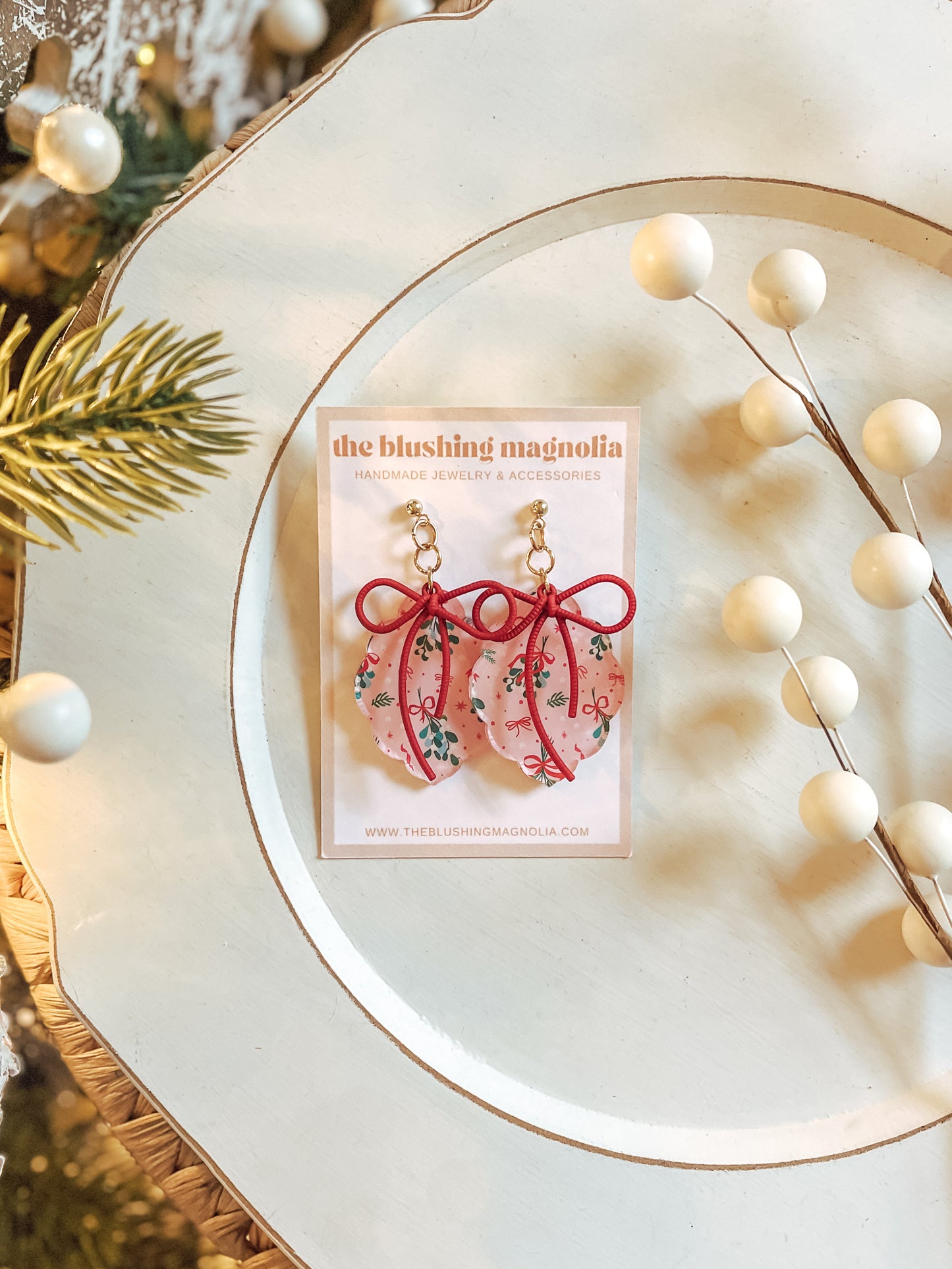 Pink + Red Mistletoe Dangle Earrings
