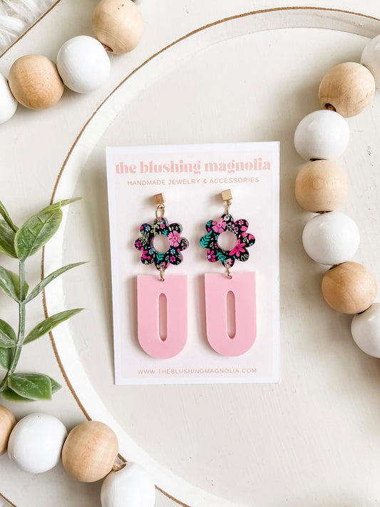 Blue + Pink Floral Dangle Earrings