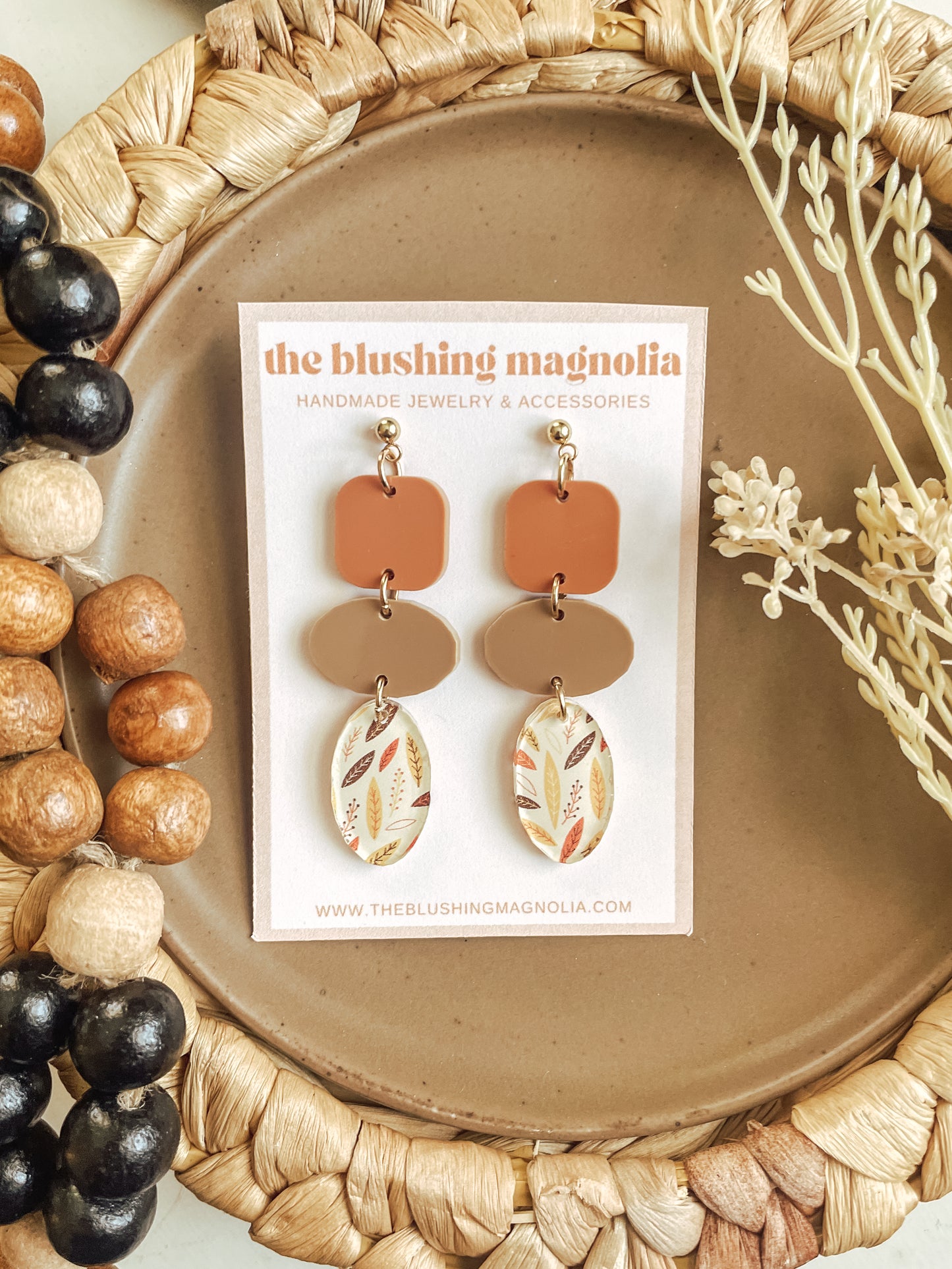 Terracotta + Beige Leaf Print - Dangle Earrings