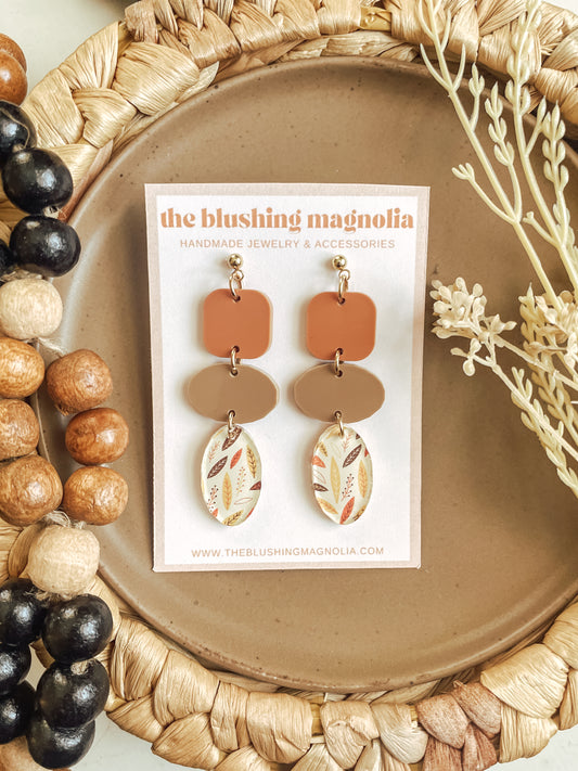Terracotta + Beige Leaf Print - Dangle Earrings