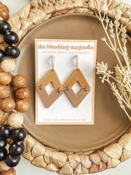 Mustard + Tan Diamond Pearl Dangle Earrings