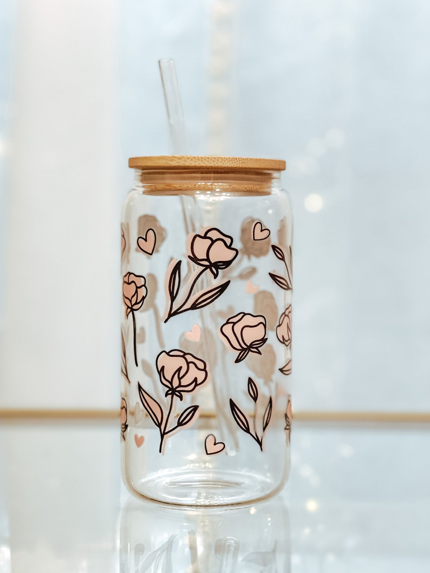 Pink Floral 16oz Glass Tumbler