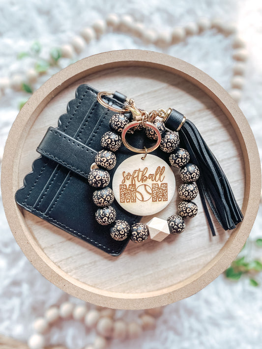 Black Leopard Softball Mom Keychain + Wallet Combo