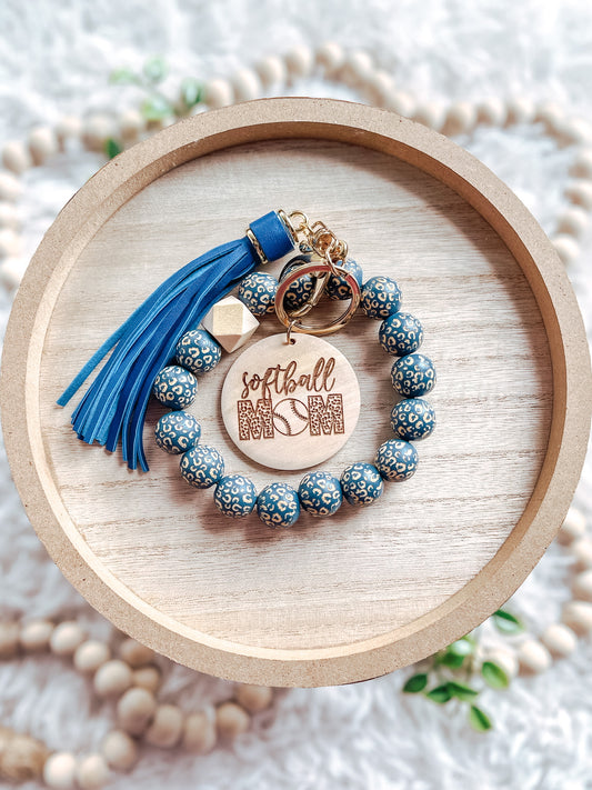 Blue Leopard Softball Mom Keychain